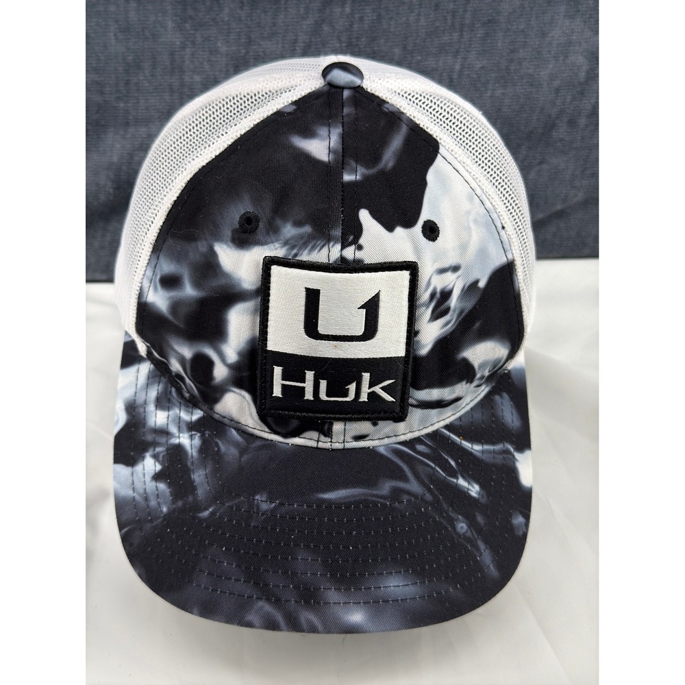 Huk Trucker Hat Mens OSFA Black White Polyester Snapback Marble Print Mesh Cap